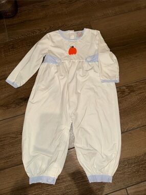 Cecilie Bahnsen Cream Romper with Orange Apple Embroidery and Blue Gingham Trim